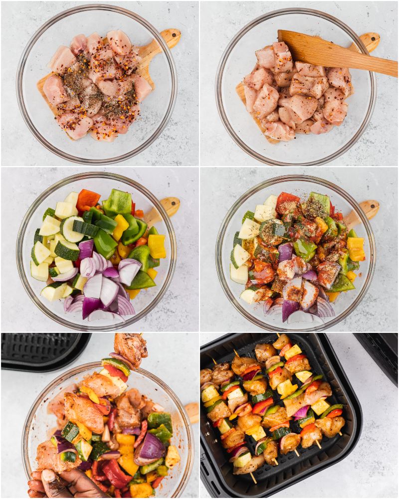 the process shot of how to make chicken skewers in an air fryer.
