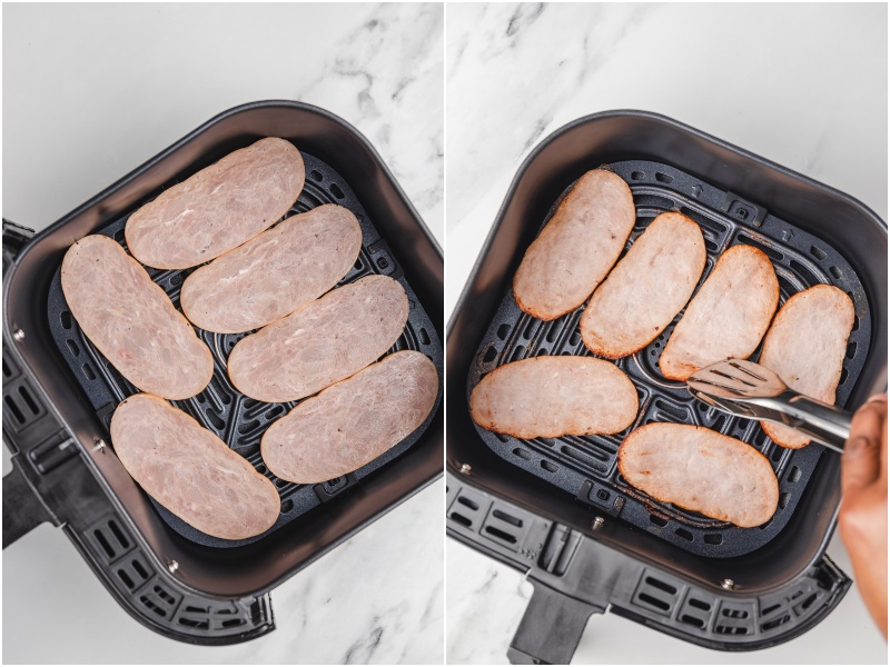 the process of cooking turkey bacon in the air fryer.