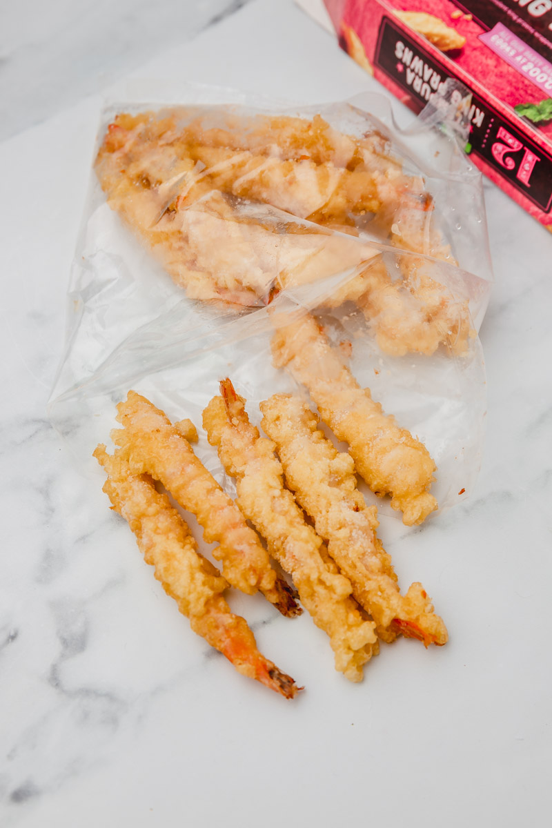 frozen tempura shrimp peeking from the pack.
