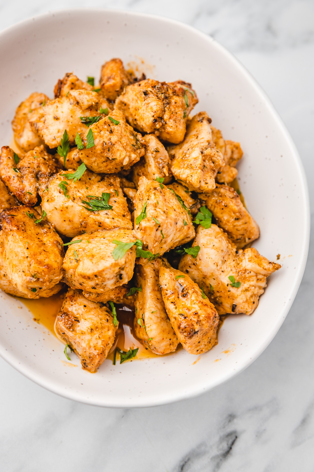 Chicken bites in a ceramic bowl.