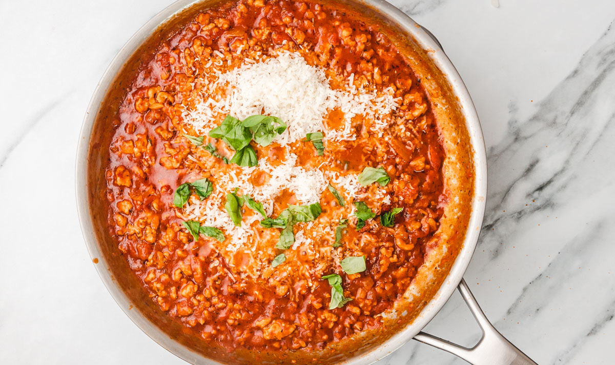 tomato sauce in a skillet.