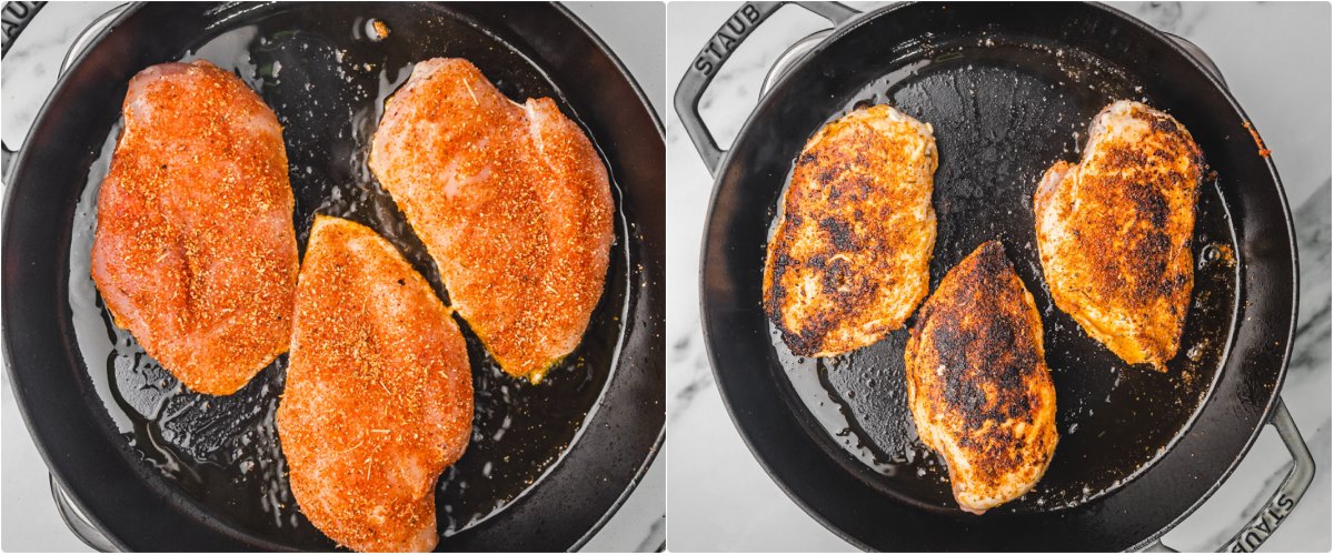the process of cooking chicken chicken breasts in a skillet.