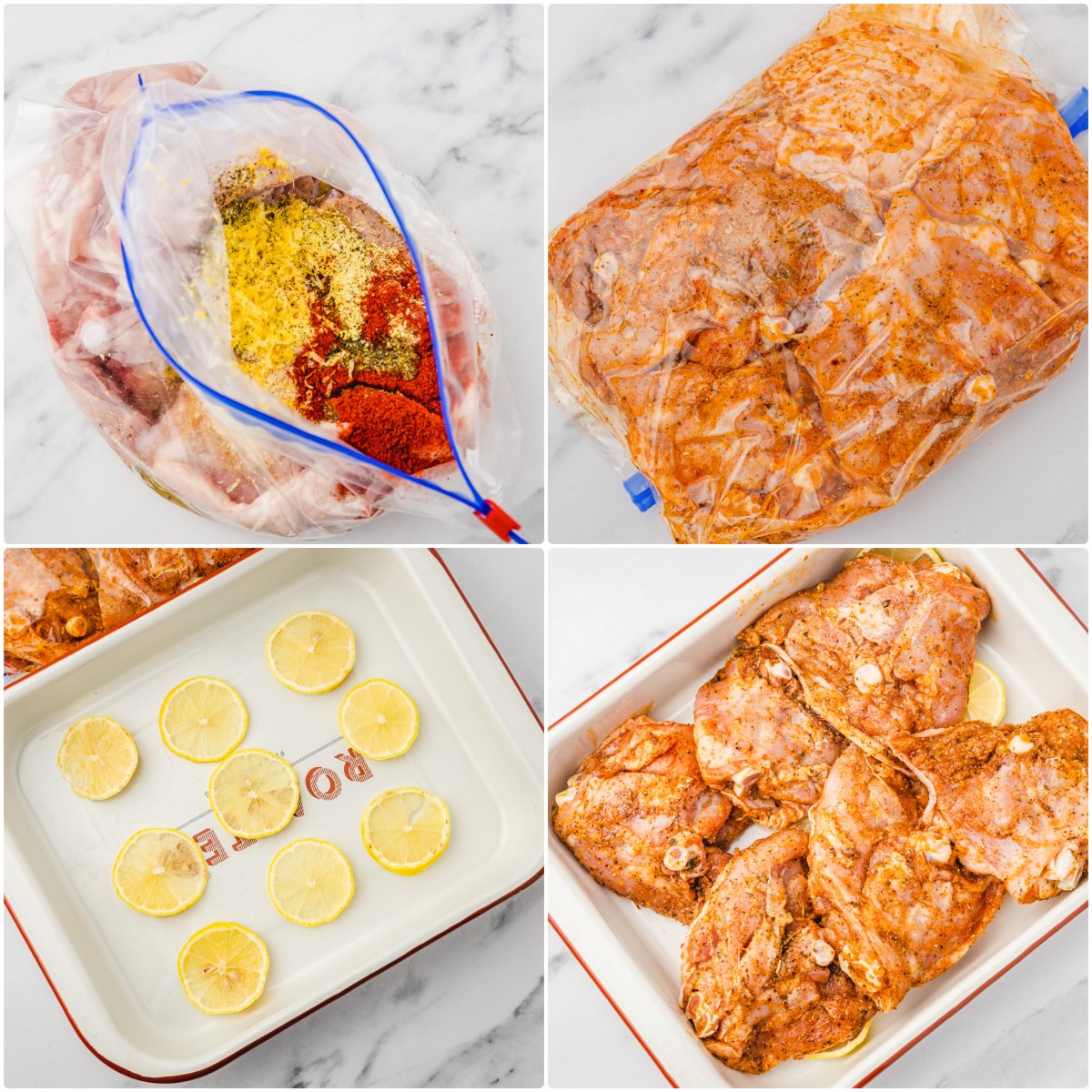 the illustration process of how to makrinate and bake chicken thighs.