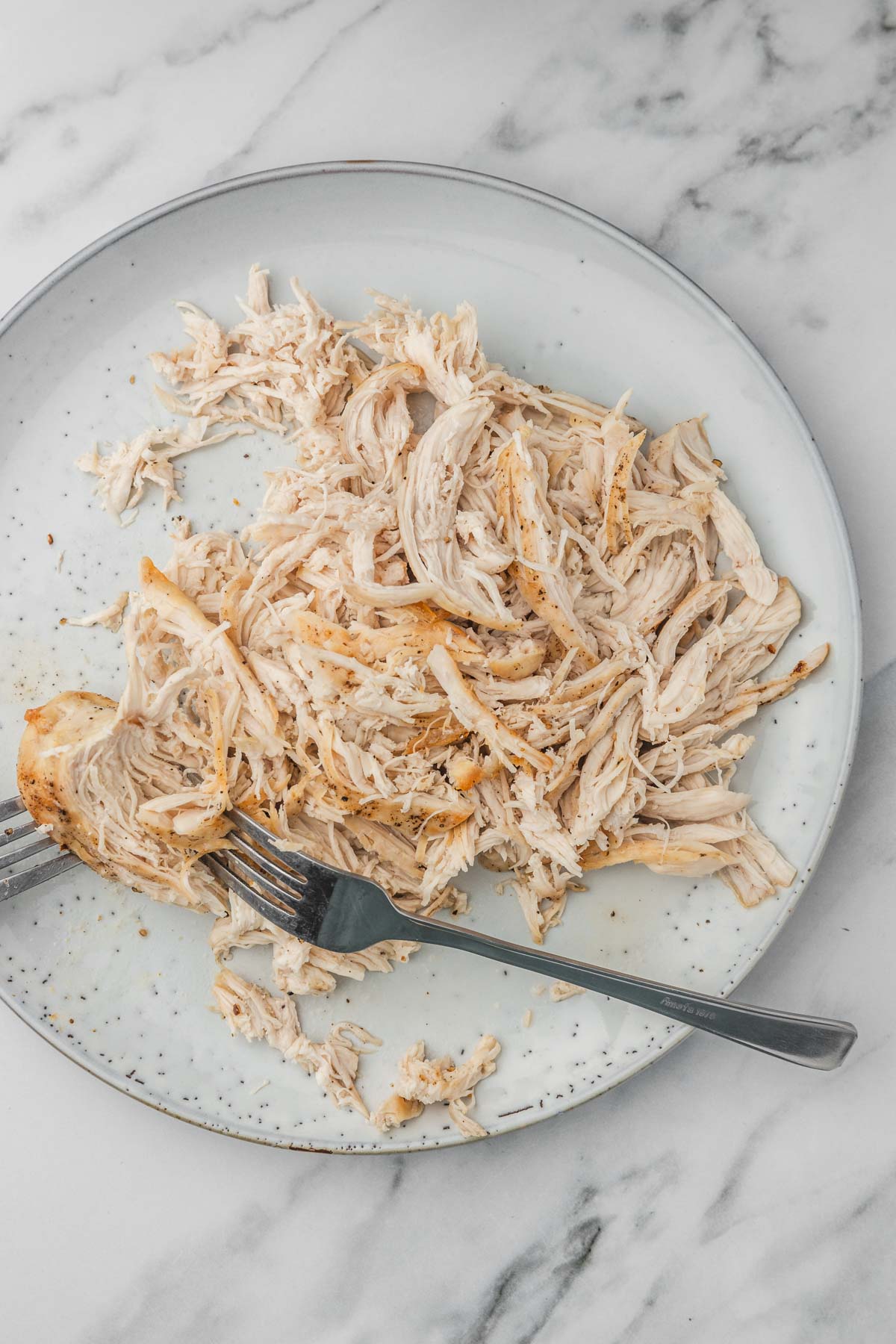 partially shredded chicken breast on a plate.