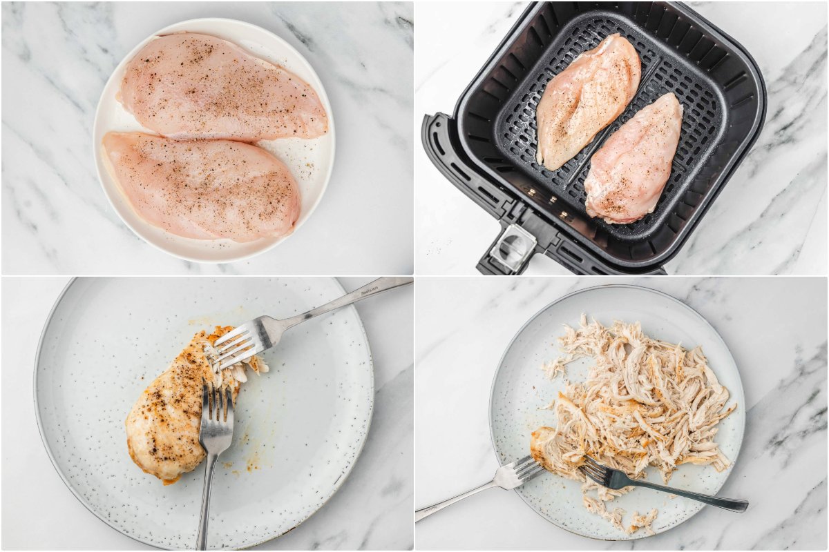 the process of how to cook shredded chicken in the air fryer.