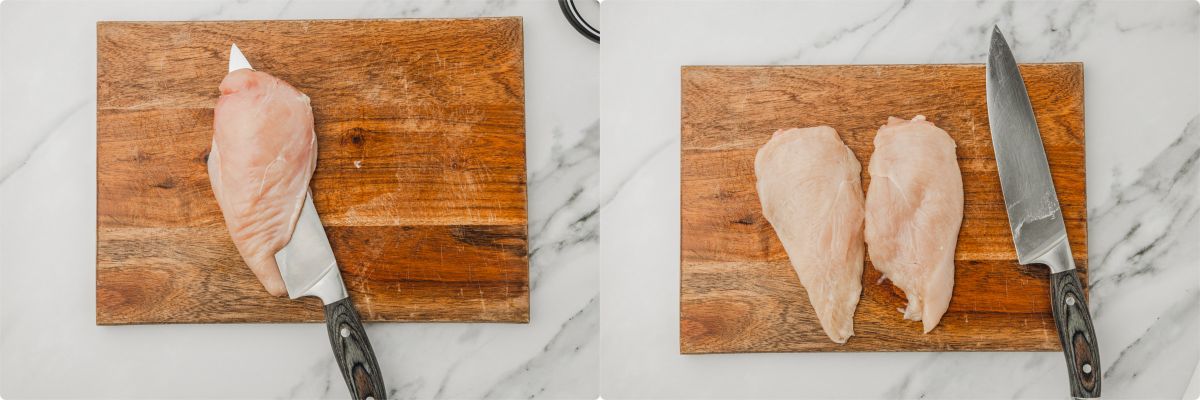 chicken breast on a chopping board cut into cutlets witha knife.