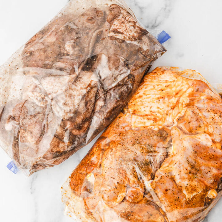 two different marinated chicken in a ziploc bag.