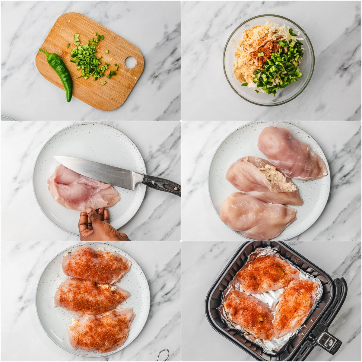 the step by step illustration on how to make air fryer jalapeno stuffed chicken breasts in air fryer.
