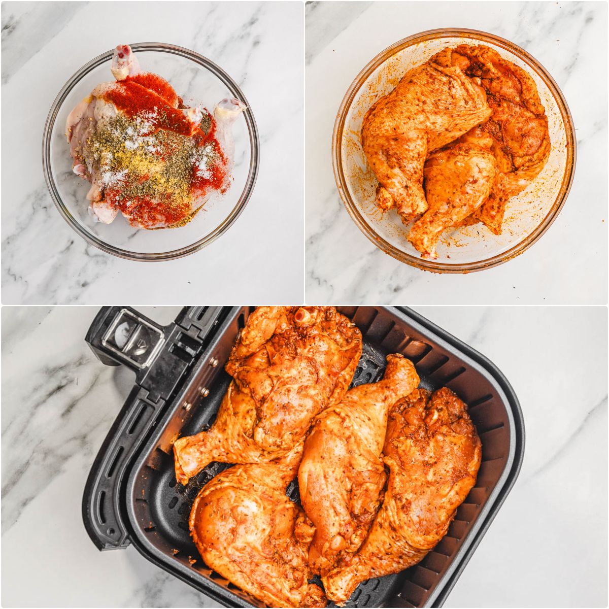 the process of seasoning chicken leg quaters and cooking it in the air fryer.