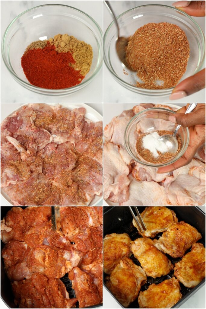 the process of how to cook boneless chicken thighs in the air fryer.